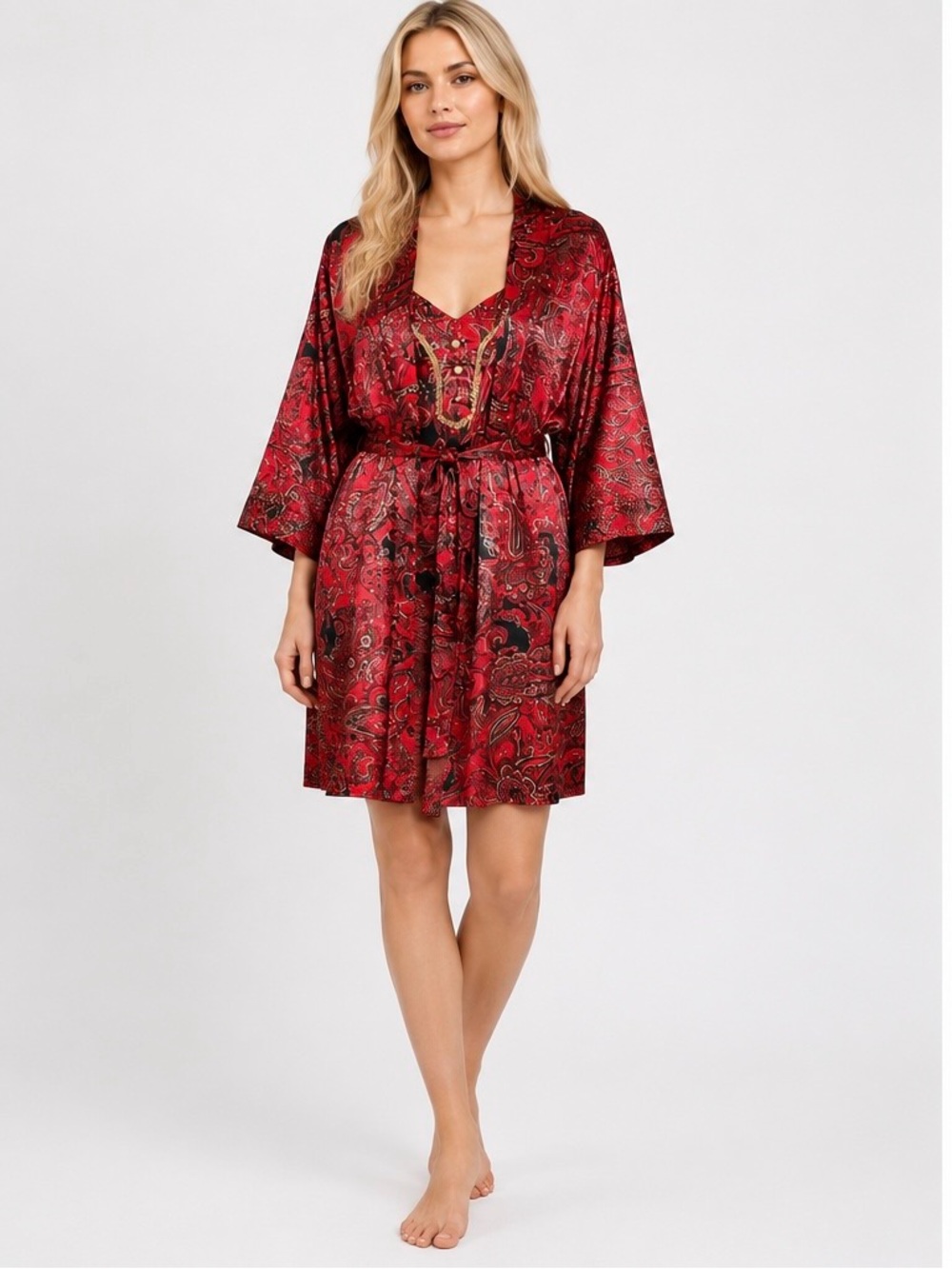 VTG Peignoir Babydoll California Dynasty Nightgown Satin Paisley Robe Set Sz L